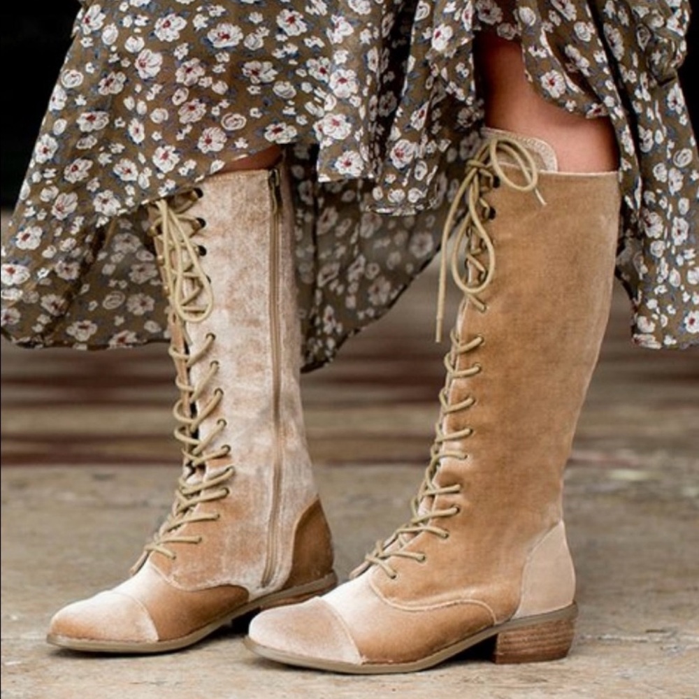Joyfolie Irelyn Taupe Champagne Velvet Lace-Up Boots for Women 9.5